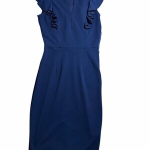 Knitee Navy Blue Ruffle Sleeve Sheath Dress Size S (4-6) V-Neck Midi Bodycon